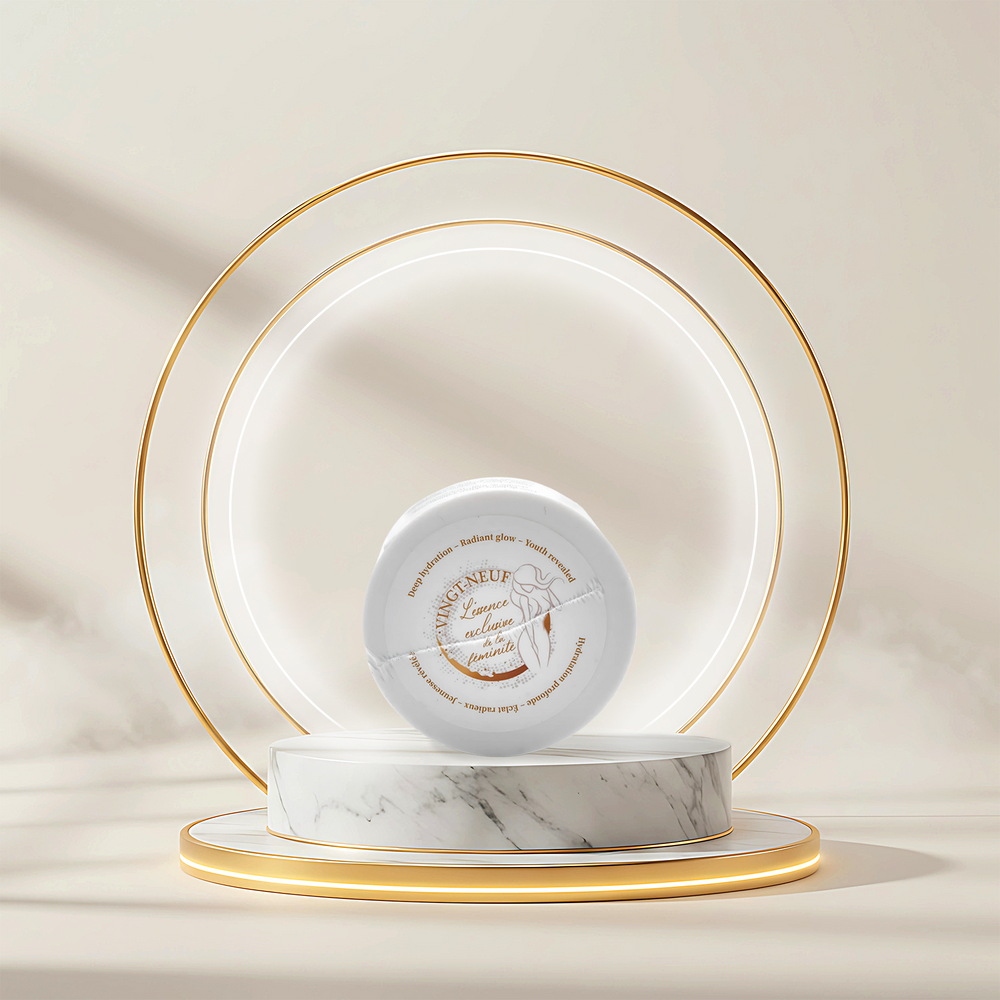 Vingt-Neuf Alpha Arbutin Sleeping Mask 100ml jar displayed on luxury pedestal for overnight skin brightening