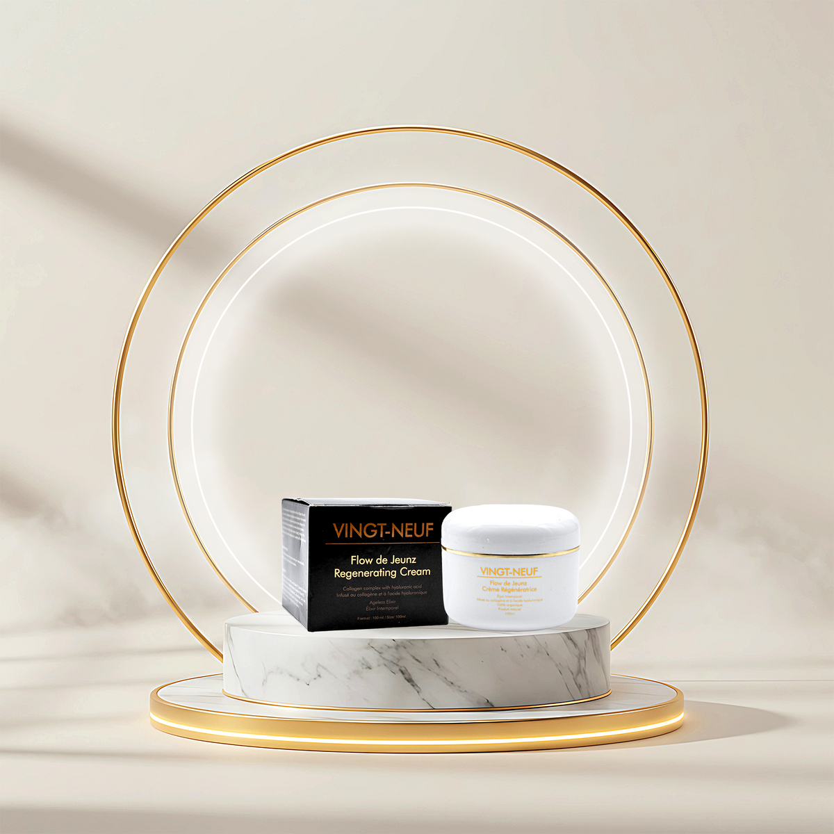 Vingt-Neuf Retinol Face Cream 100ml jar and packaging displayed on luxury pedestal for nighttime skincare