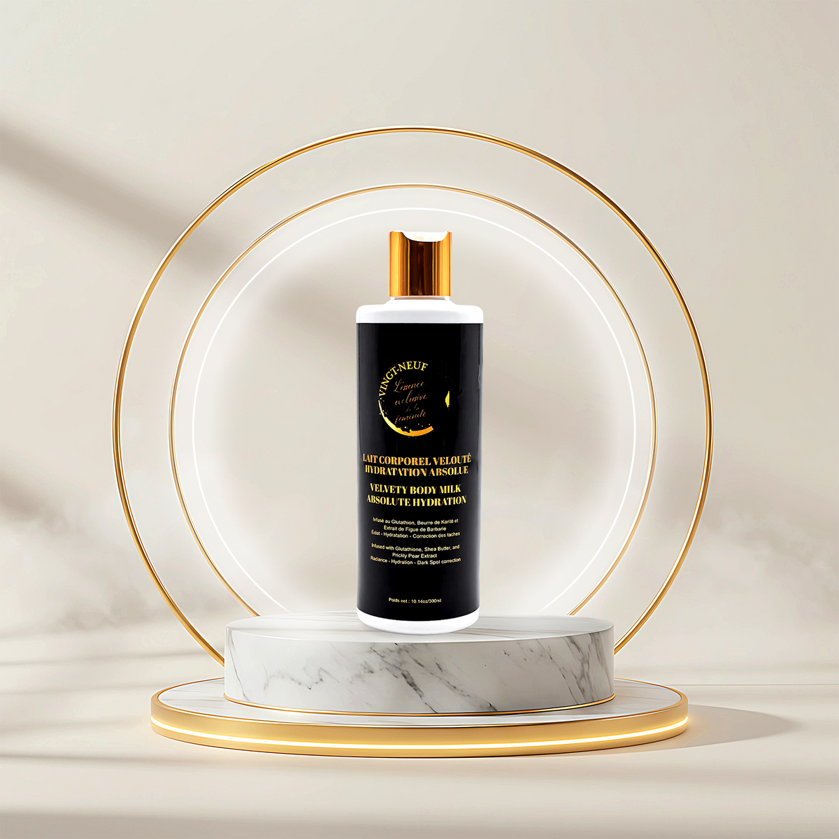 Vingt-Neuf Velvety Body Milk 300ml hydrating body lotion bottle with gold cap on luxury display