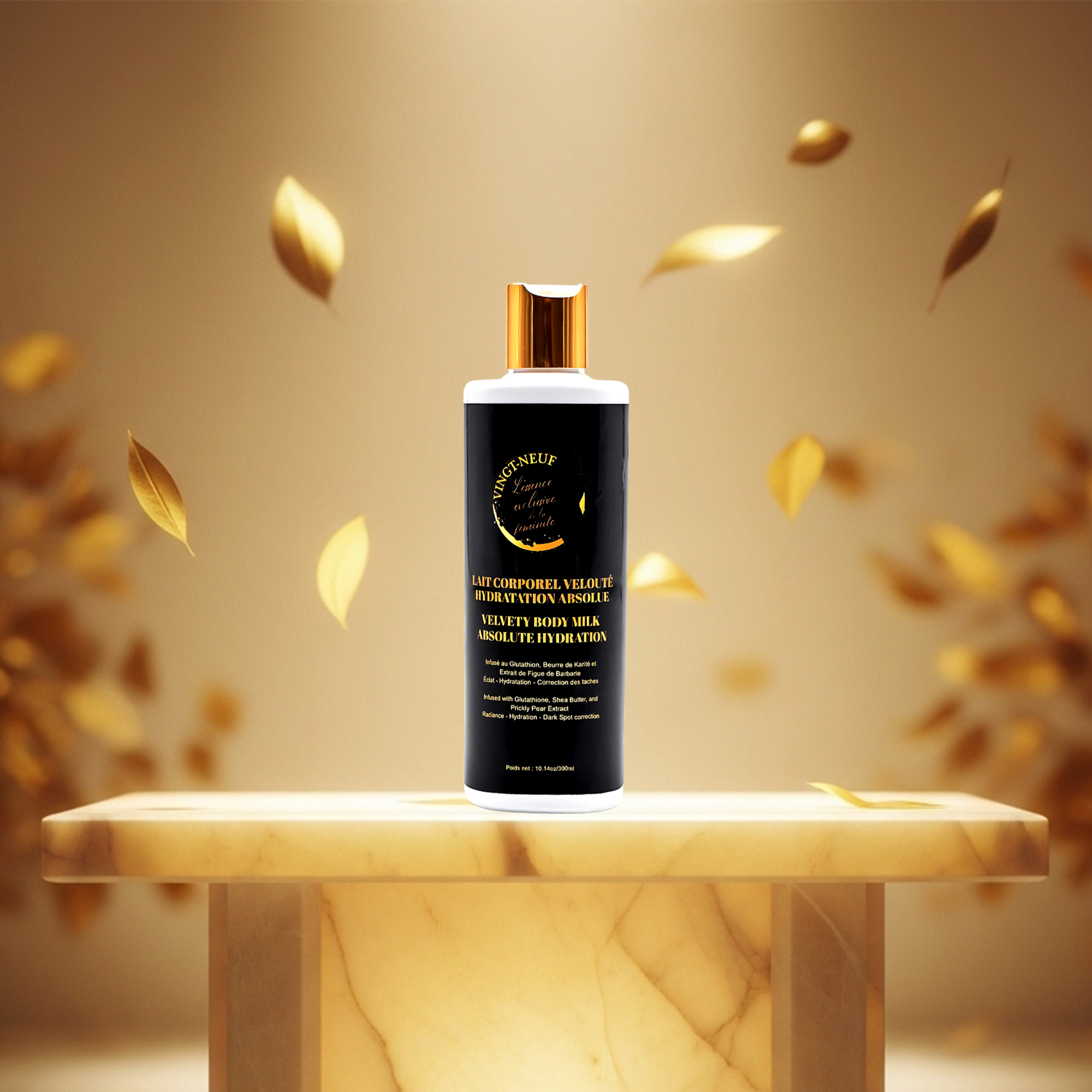 Vingt-Neuf Velvety Body Milk luxury hydrating body lotion displayed with warm golden lighting