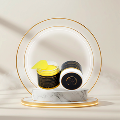 Vingt-Neuf Turmeric Glow Cleansing Pads 30 pads jar with bright yellow cleansing pad on luxury display